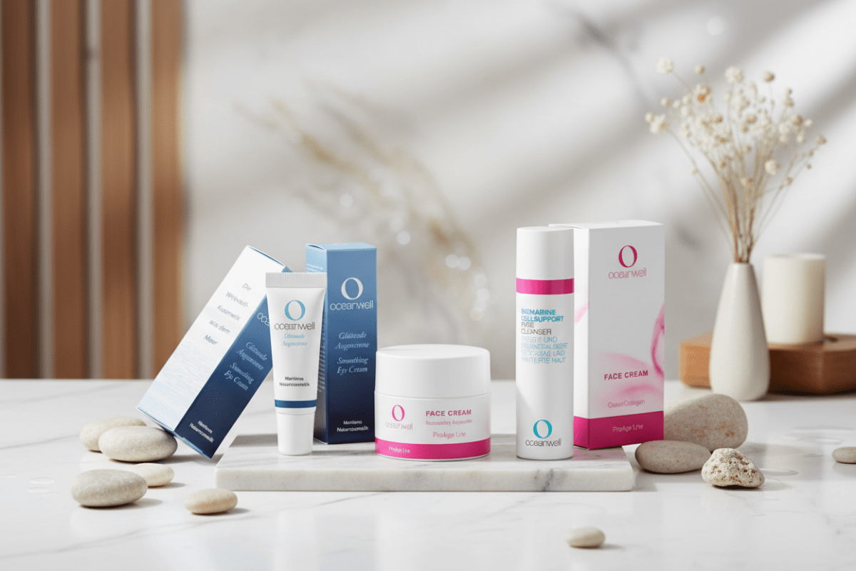 BEAUTYVEDA OCEANWELL Basics - Schulung - BeautyVeda | Oceanwell zeige die oceanwell augencreme, die oceanwell face cream und den oceanwell pure cleanser vor dem hintergrund eines stilvollen spas Schulung, ,